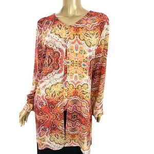 Chico's Sz 1 /M Tunic Top Over Camisole Orange,Blue,White Polyester Long Sleeve